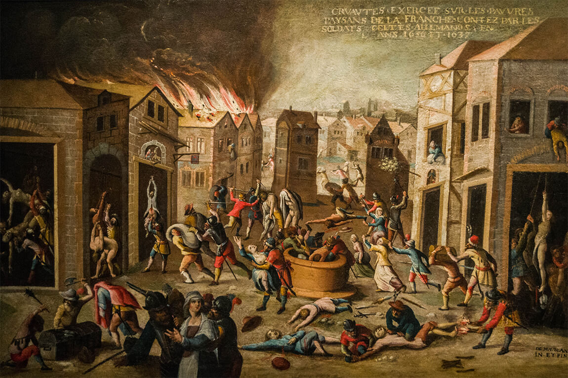 Szene aus dem Dreißigjährigen Krieg. Bild von Pierre Maublanc (1582-ca.1637), Massacres de la guerre, 1636/1637, Musée du Temps, Besançon.