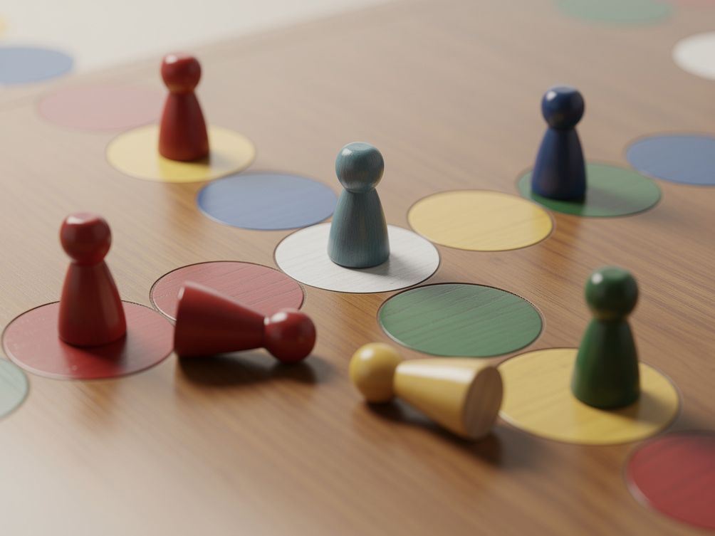 Das Bild wurde am 20.05.2026 mit GBT 5.1 erstellt. Drei Spielfiguren verschiedener Farben liegen geschlagen auf einem Brett – seitlich gekippt, leicht versetzt auf oder zwischen den Feldern, sodass klar ist: Sie wurden nacheinander rausgeworfen. Auf einem zentralen runden Feld steht eine aufrechte Figur einer anderen Farbe stabil und dominant. Ihre Position auf dem Feld, auf dem zuvor eine der Figuren stand, macht deutlich: Sie hat gerade eine der liegenden Figuren geschlagen.